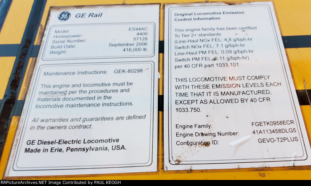 BNSF 6111's General Electric Erie Locomotive Plant Data Plate 